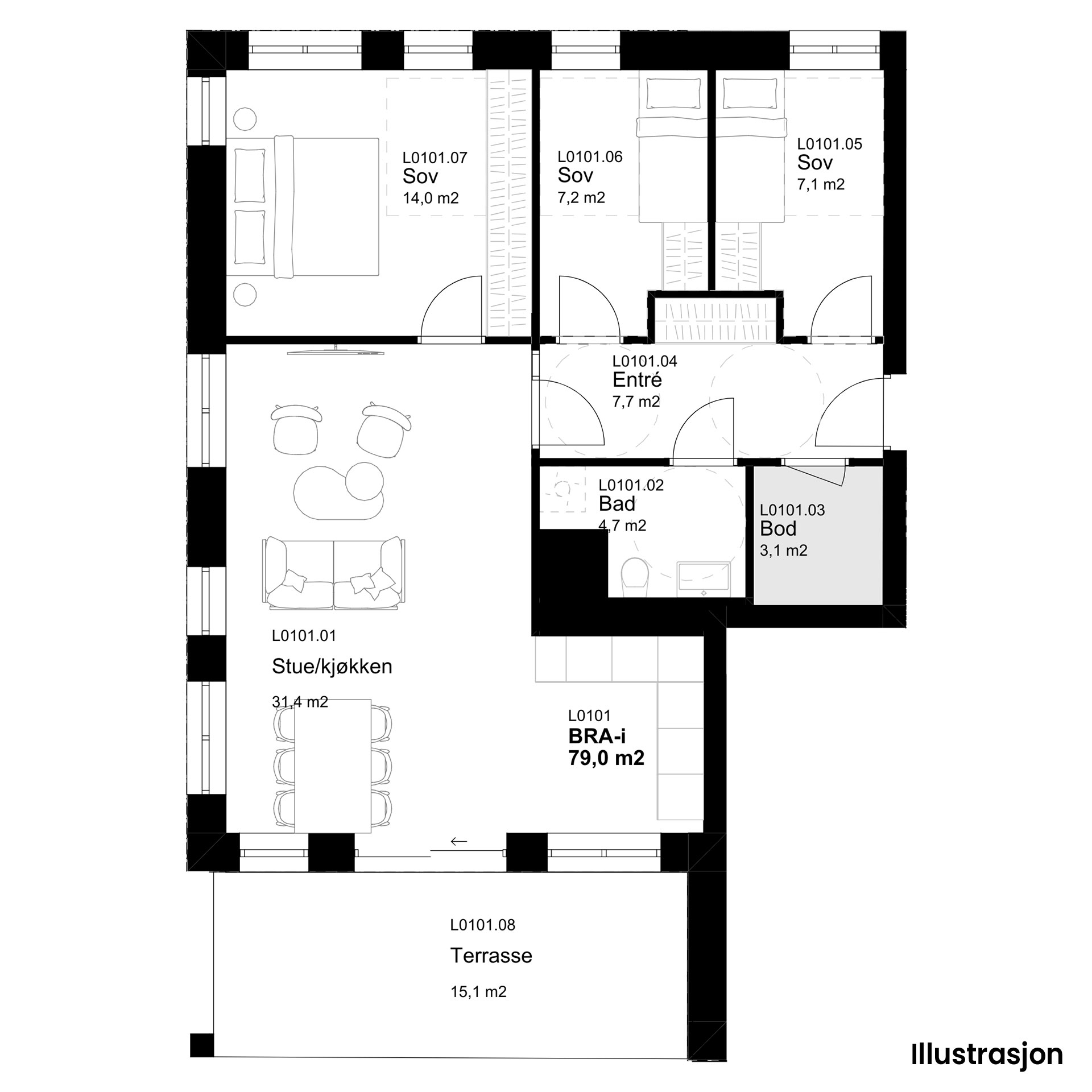 Plantegninger av Leilighet 101, tegnet av Plus Arkitektur. Plantegningene er kun illustrasjon