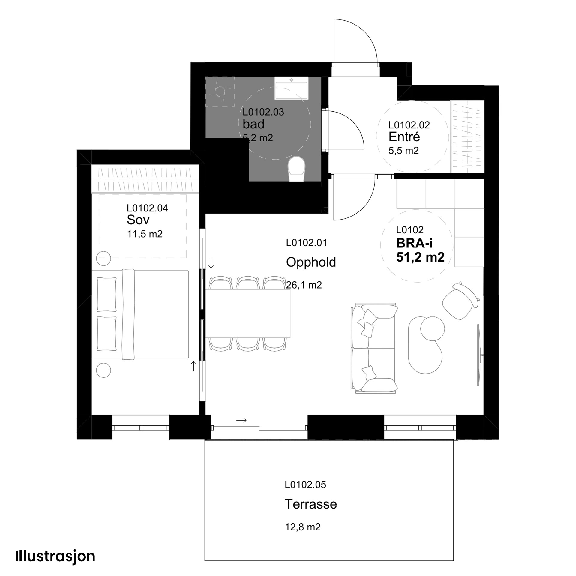 Plantegninger av Leilighet 102, tegnet av Plus Arkitektur. Plantegningene er kun illustrasjon