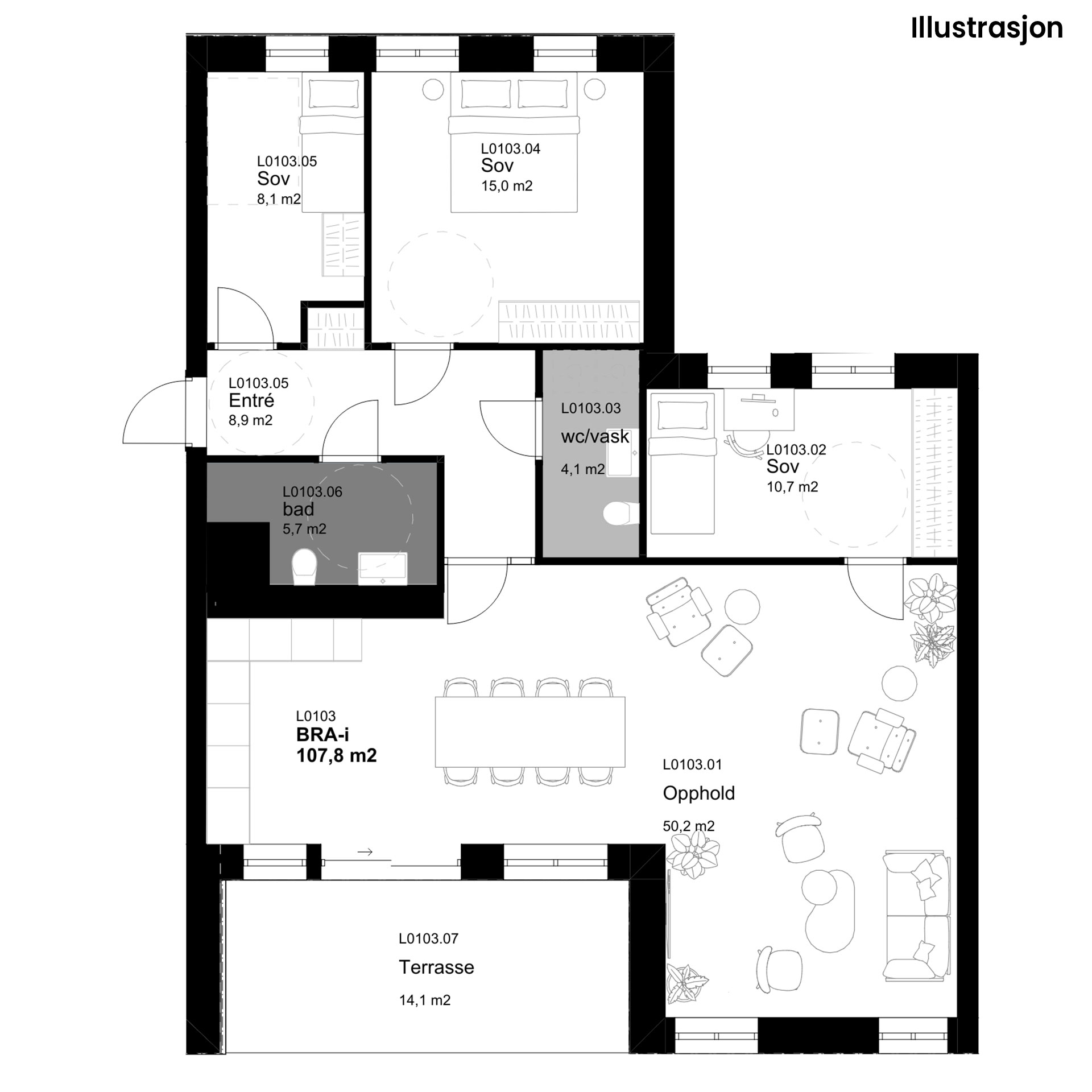 Plantegninger av Leilighet 103, tegnet av Plus Arkitektur. Plantegningene er kun illustrasjon