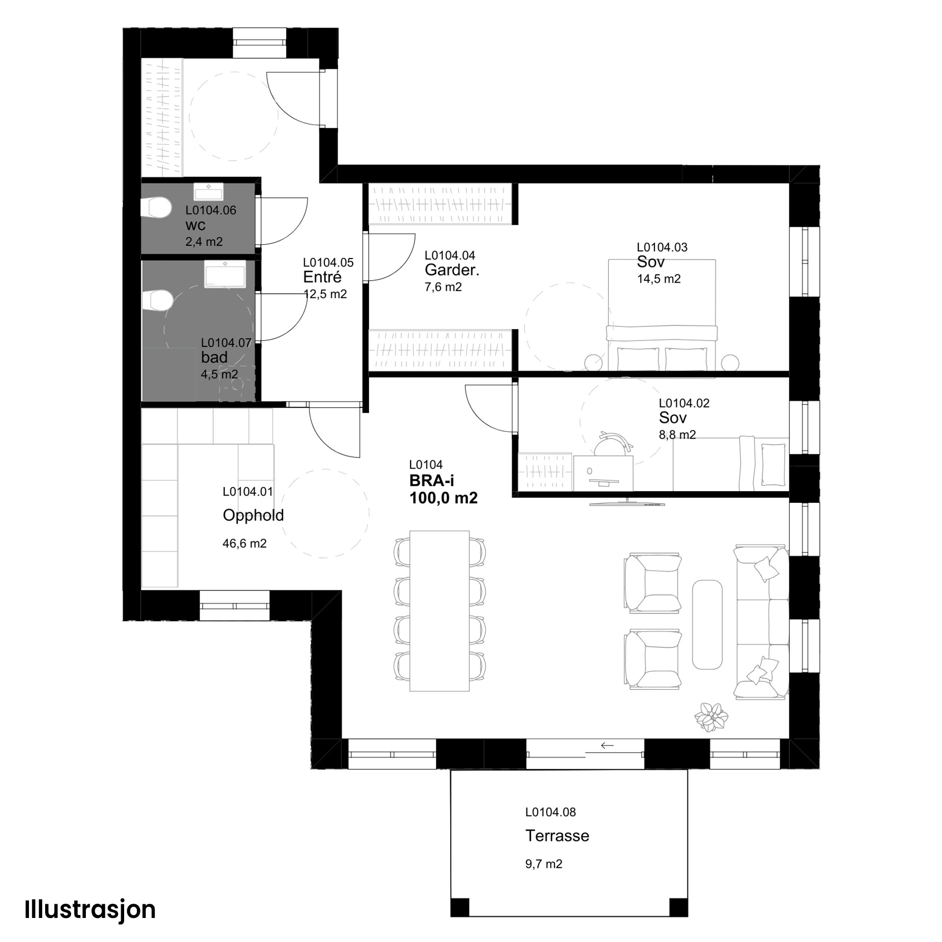 Plantegninger av Leilighet 104, tegnet av Plus Arkitektur. Plantegningene er kun illustrasjon