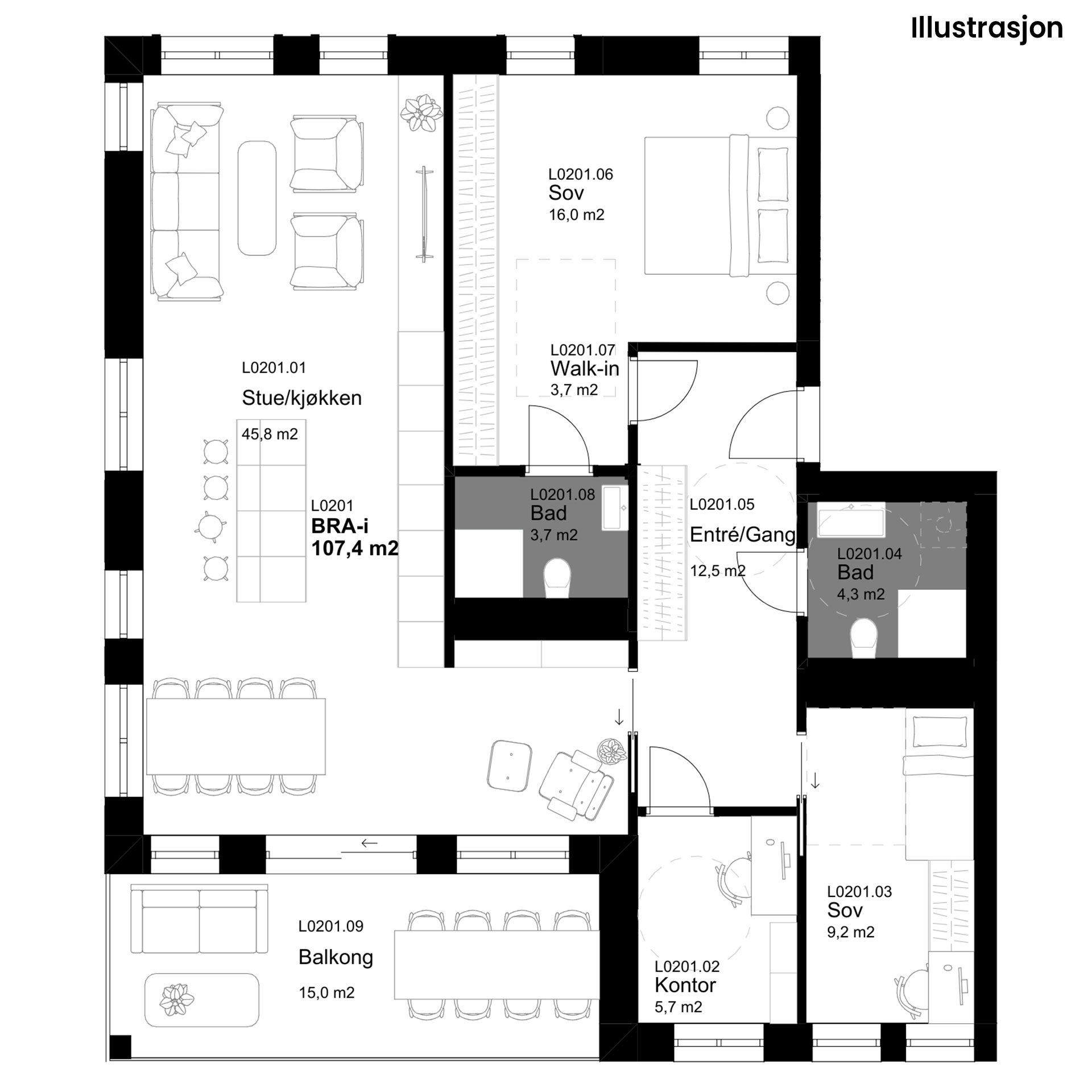Plantegninger av Leilighet 201, tegnet av Plus Arkitektur. Plantegningene er kun illustrasjon
