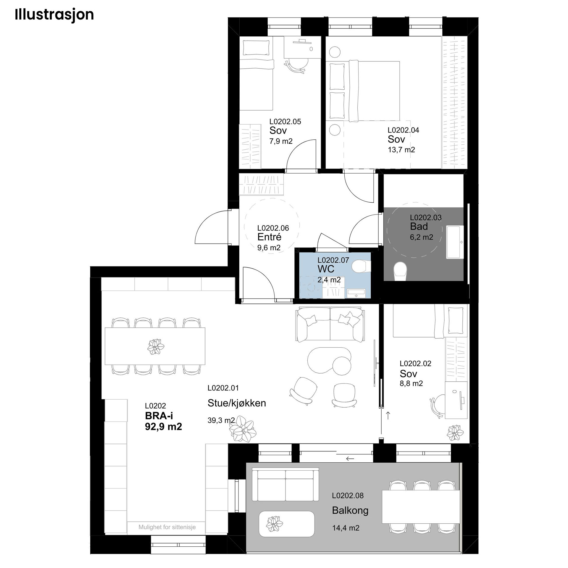 Plantegninger av Leilighet 202, tegnet av Plus Arkitektur. Plantegningene er kun illustrasjon