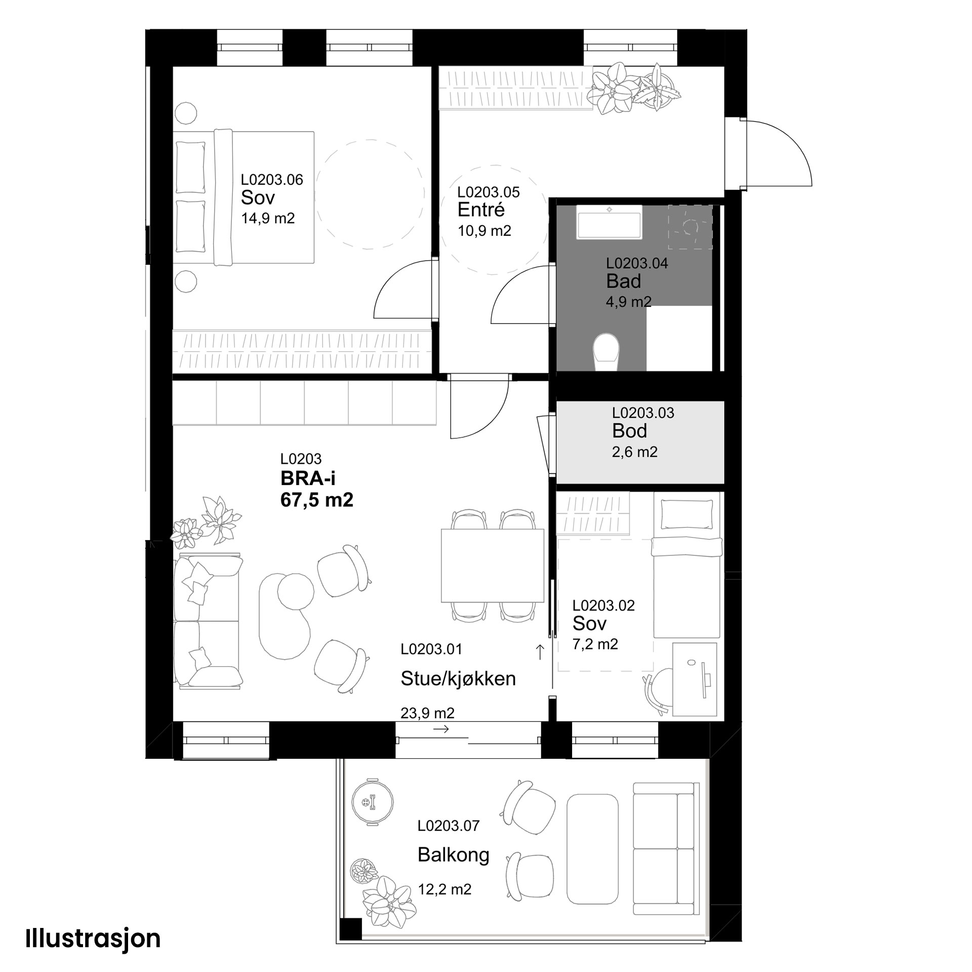Plantegninger av Leilighet 203, tegnet av Plus Arkitektur. Plantegningene er kun illustrasjon