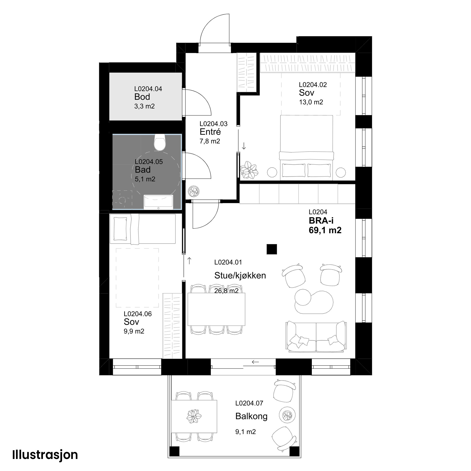 Plantegninger av Leilighet 204, tegnet av Plus Arkitektur. Plantegningene er kun illustrasjon