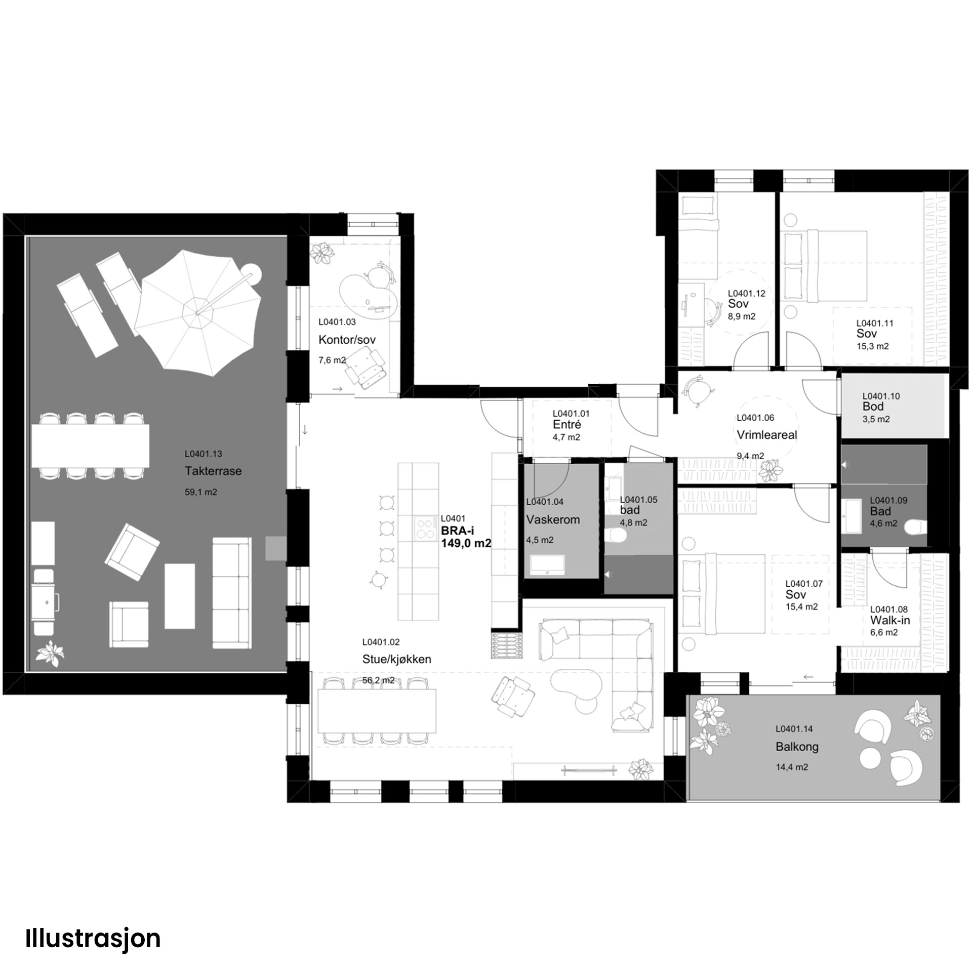 Plantegninger av Leilighet 401, tegnet av Plus Arkitektur. Plantegningene er kun illustrasjon