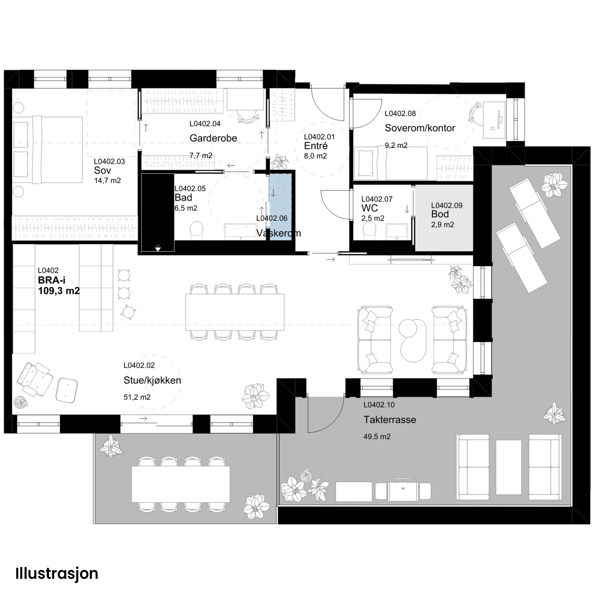 Plantegninger av Leilighet 402, tegnet av Plus Arkitektur. Plantegningene er kun illustrasjon